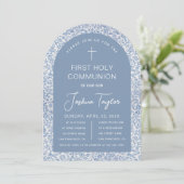 Invitation Boy First Holy Communion Blue Arch Floral Pattern (Debout devant)