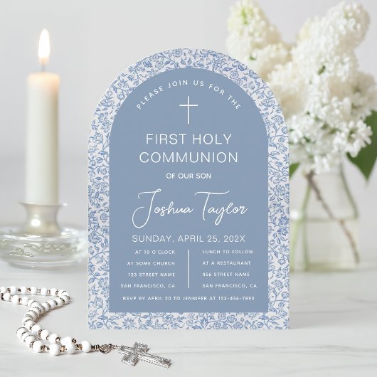 Invitation Boy First Holy Communion Blue Arch Floral Pattern