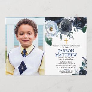 Invitation Boy First Holy Communion, photo florale bleue