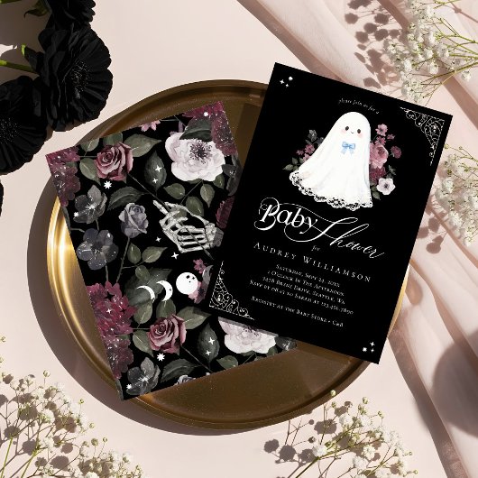 Invitation Boy Ghost Little Boo Floral Baby shower gothique