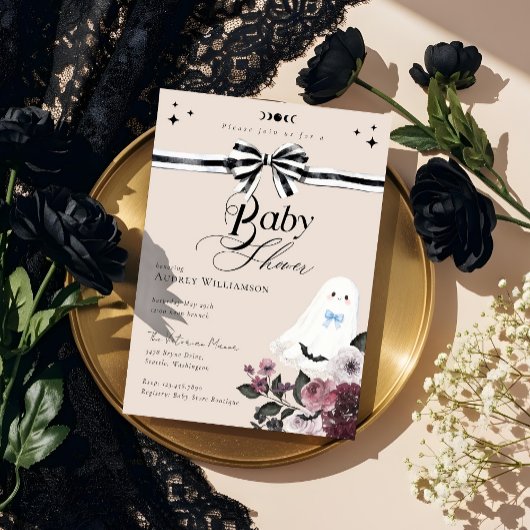 Invitation Boy Ghost Little Boo Floral Baby shower gothique