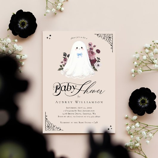 Invitation Boy Ghost Little Boo Floral Baby shower gothique