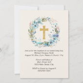 Invitation Boy Gold Cross Blue Floral Baptême religieux (Devant)