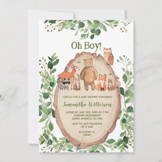 Invitation Boy Green Forest Animaux Baby shower (Devant)
