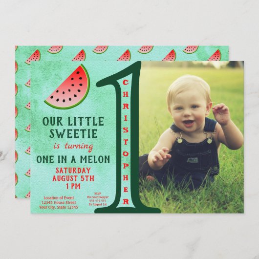 Invitation Boy Green One In A Melon 1er Birthday Photo (Devant / Derrière)