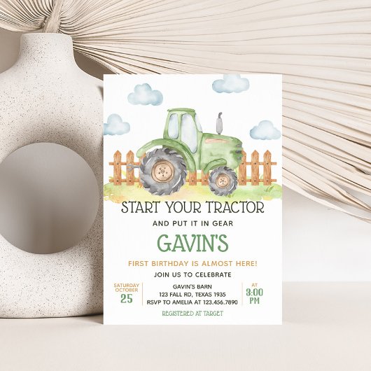 Invitation Boy Green Tractor ferme fête d'anniversaire