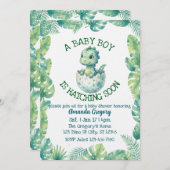 Invitation Boy Hatching Soon, Green Dino Baby Shower (Devant / Derrière)