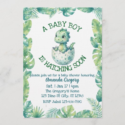 Invitation Boy Hatching Soon, Green Dino Baby Shower (Devant)
