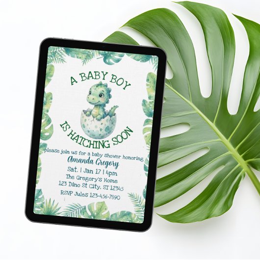Invitation Boy Hatching Soon, Green Dino Baby Shower