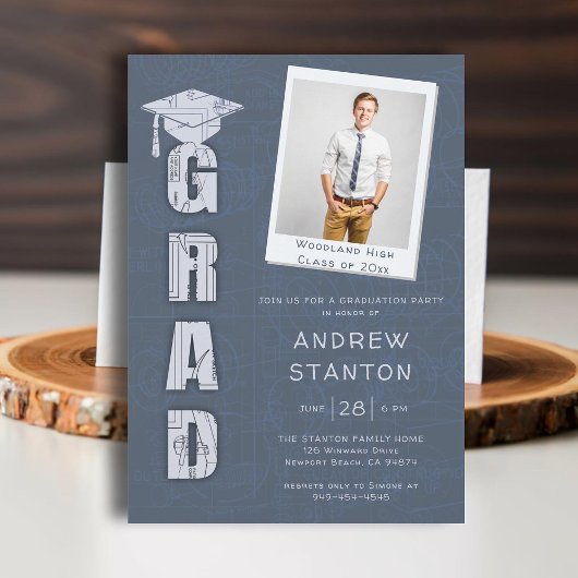 Invitation Boy High School Graduation Science Tech Grey Photo