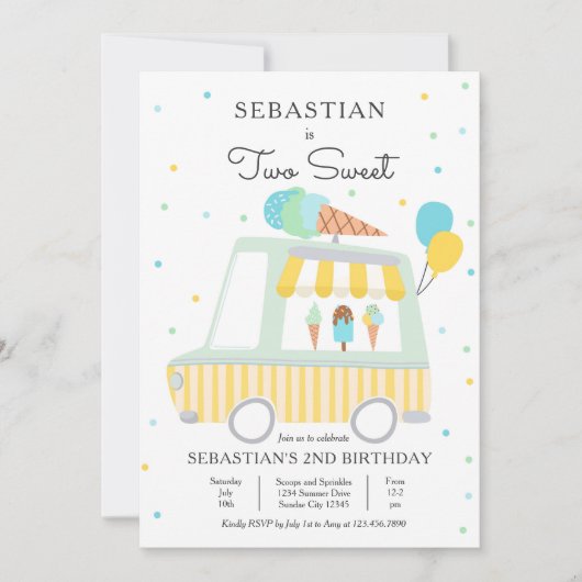 Invitation Boy Ice Cream Camion Deux Sweet 2e Anniversaire (Devant)