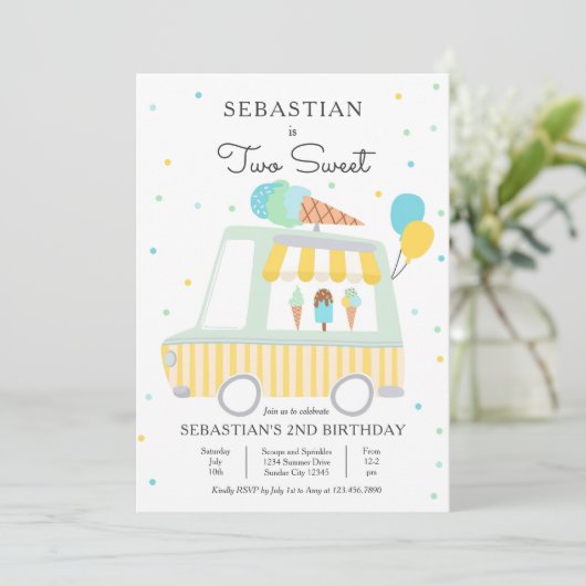 Invitation Boy Ice Cream Camion Deux Sweet 2e Anniversaire (Debout devant)