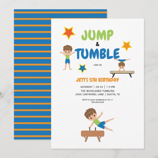Invitation Boy Jump & Tumble Gymnastique Anniversaire (Devant / Derrière)