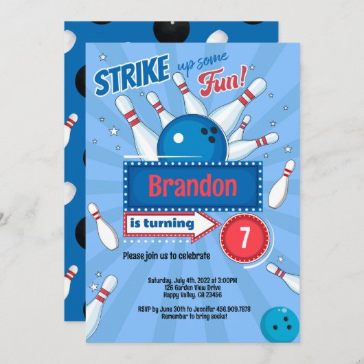 Invitation Boy Kid Bowling fête d'anniversaire Retro Blue & R (Devant / Derrière)