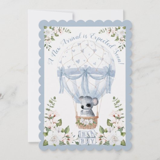 Invitation Boy Koala Blue Hot Air Balloon Floral Aquarelle (Devant)