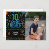 Invitation Boy Neon Double Digits 10e Anniversaire Photo (Devant / Derrière)