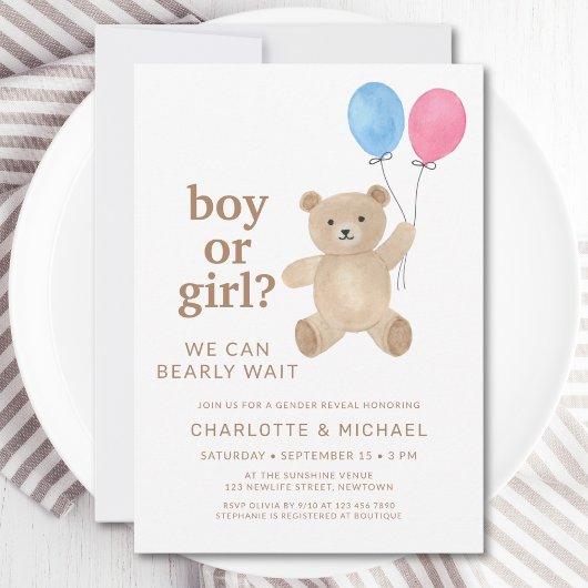Invitation Boy Or Girl Teddy Bear Balloons Gender Reveal