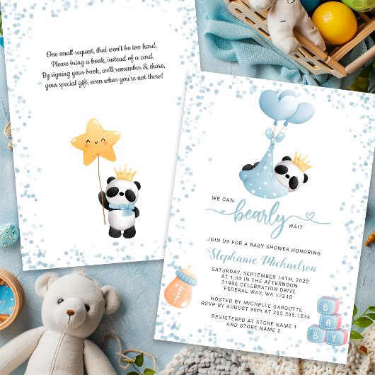 Invitation Boy Panda Bearly Wait Book Baby shower de demande