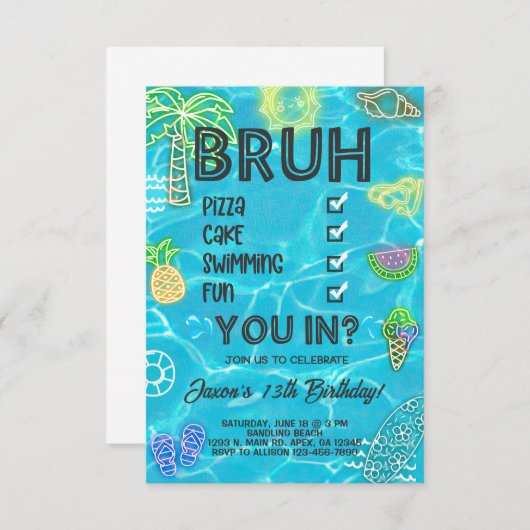 Invitation Boy Pool Beach Anniversaire, lueur néon, entrez. (Devant / Derrière)