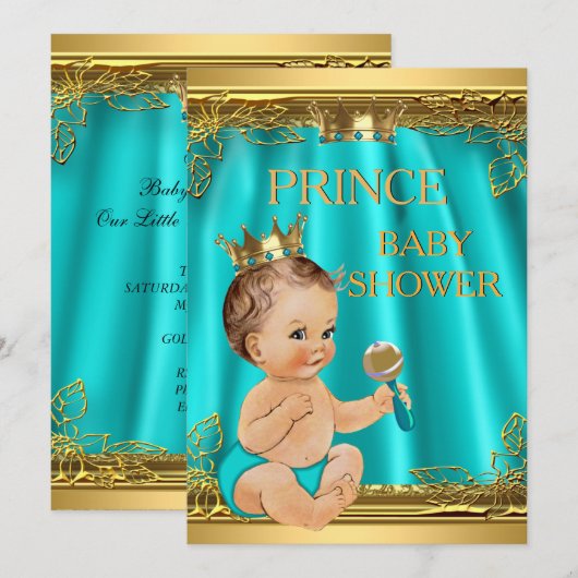 Invitation Boy Prince Baby shower Aqua Turquoise Brunette béb (Devant / Derrière)
