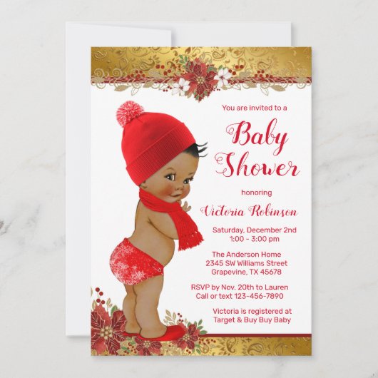 Invitation Boy Red Gold Christmas Baby Shower African (Devant)