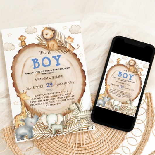 Invitation Boy Rustic Boho Safari Animaux Baby shower