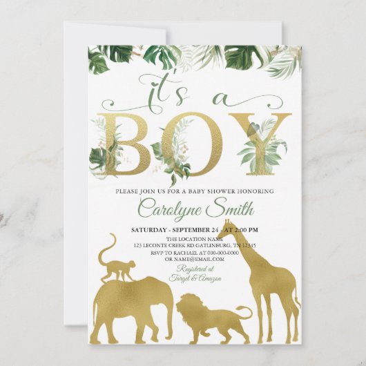 Invitation Boy Safari Jungle Animaux Gold Baby shower (Devant)