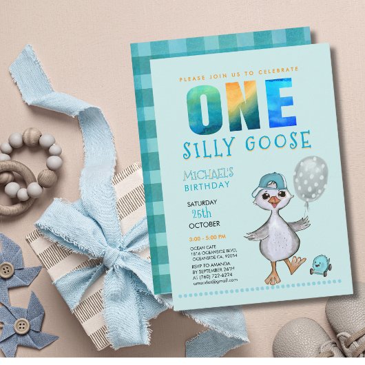 Invitation Boy Silly Goose 1er Anniversaire bleu Plaid Invita