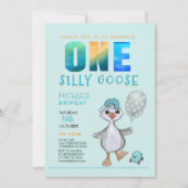 Invitation Boy Silly Goose 1er Anniversaire bleu Plaid Invita (Devant)