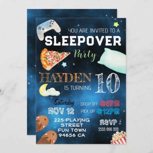 Invitation Boy Sleepover Pizza Pajamas Anniversaire (Devant / Derrière)