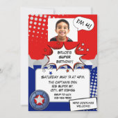 Invitation Boy Superhero, red, white, silver & blue birthday (Devant)