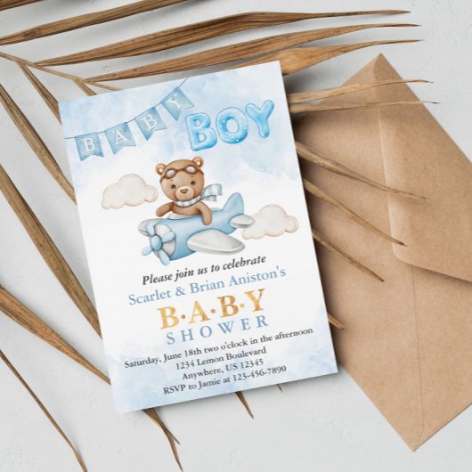 Invitation Boy Teddy Bear Baby shower d'avion