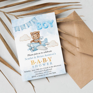 Invitation Boy Teddy Bear Baby shower d'avion