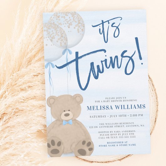 Invitation Boy Teddy Bear Blue Balloon Twins Baby shower