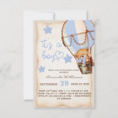 Invitation Boy Teddy Bear Blue Hot Air Balloon Baby shower (Devant)