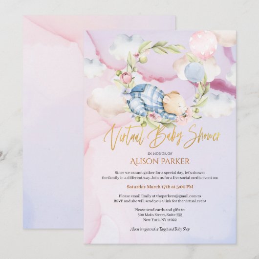 Invitation Boy Teddy Bear Joli Baby shower virtuel (Devant / Derrière)