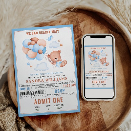 Invitation Boy Teddy Bear “We Can Bearly Wait” Baby Shower