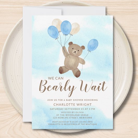 Invitation Boy Teddy Bear We Can Bearly Wait Baby Shower