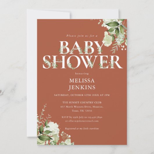 Invitation Boy Terracotta Greenery Lettre Florale Baby shower (Devant)