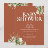 Invitation Boy Terracotta Greenery Lettre Florale Baby shower (Devant / Derrière)