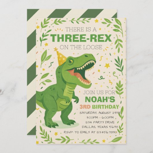 Invitation Boy Three-Rex Dinosaur Birthday (Devant / Derrière)