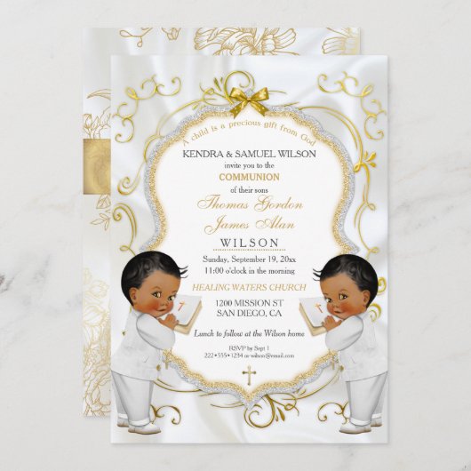 Invitation Boy Twins Baptême Christening Communion Ethnique (Devant / Derrière)