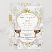 Invitation Boy Twins Baptême Christening Gold Cross Ethnic (Devant / Derrière)