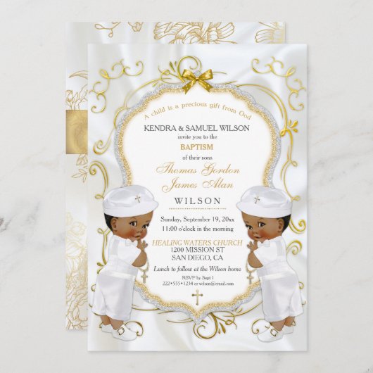 Invitation Boy Twins Baptême Christening Gold Cross Ethnic (Devant / Derrière)