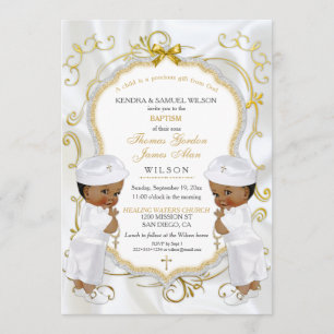 Invitation Boy Twins Baptême Christening Gold Cross Ethnic