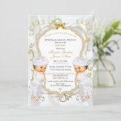 Invitation Boy Twins Baptême Christening Gold White Cross (Debout devant)