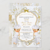 Invitation Boy Twins Baptême Christening Gold White Cross (Devant / Derrière)