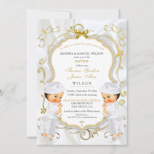 Invitation Boy Twins Baptême Christening Gold White Cross Inv (Devant)