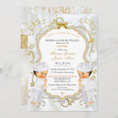 Invitation Boy Twins Baptême Christening Gold White Cross Inv (Devant / Derrière)