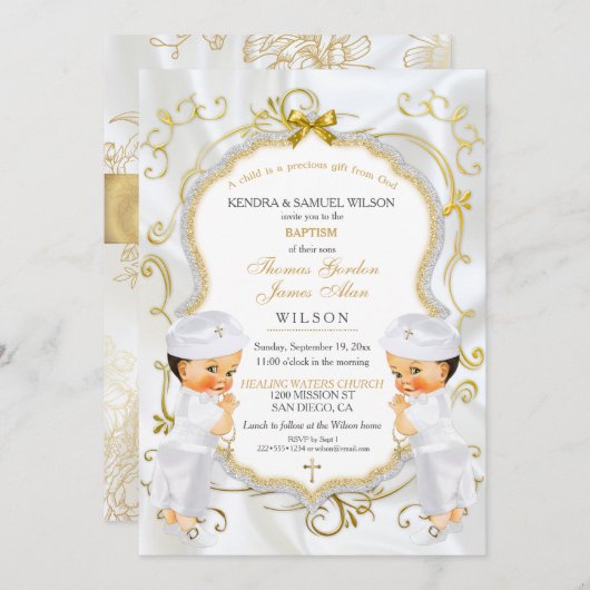 Invitation Boy Twins Baptême Christening Gold White Cross Inv (Devant / Derrière)